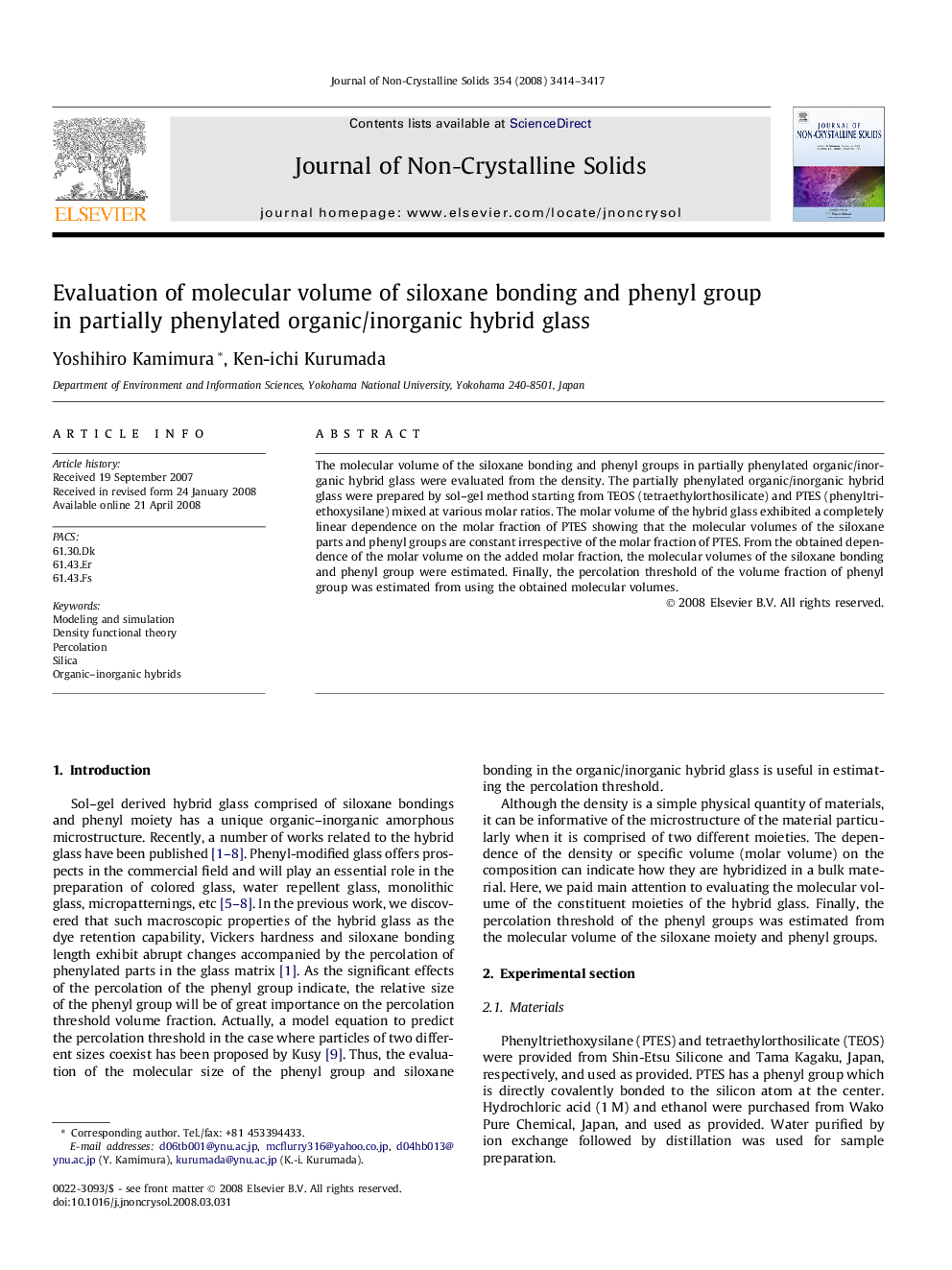 Evaluation of molecular volume of siloxane bonding and phenyl group in partially phenylated organic/inorganic hybrid glass