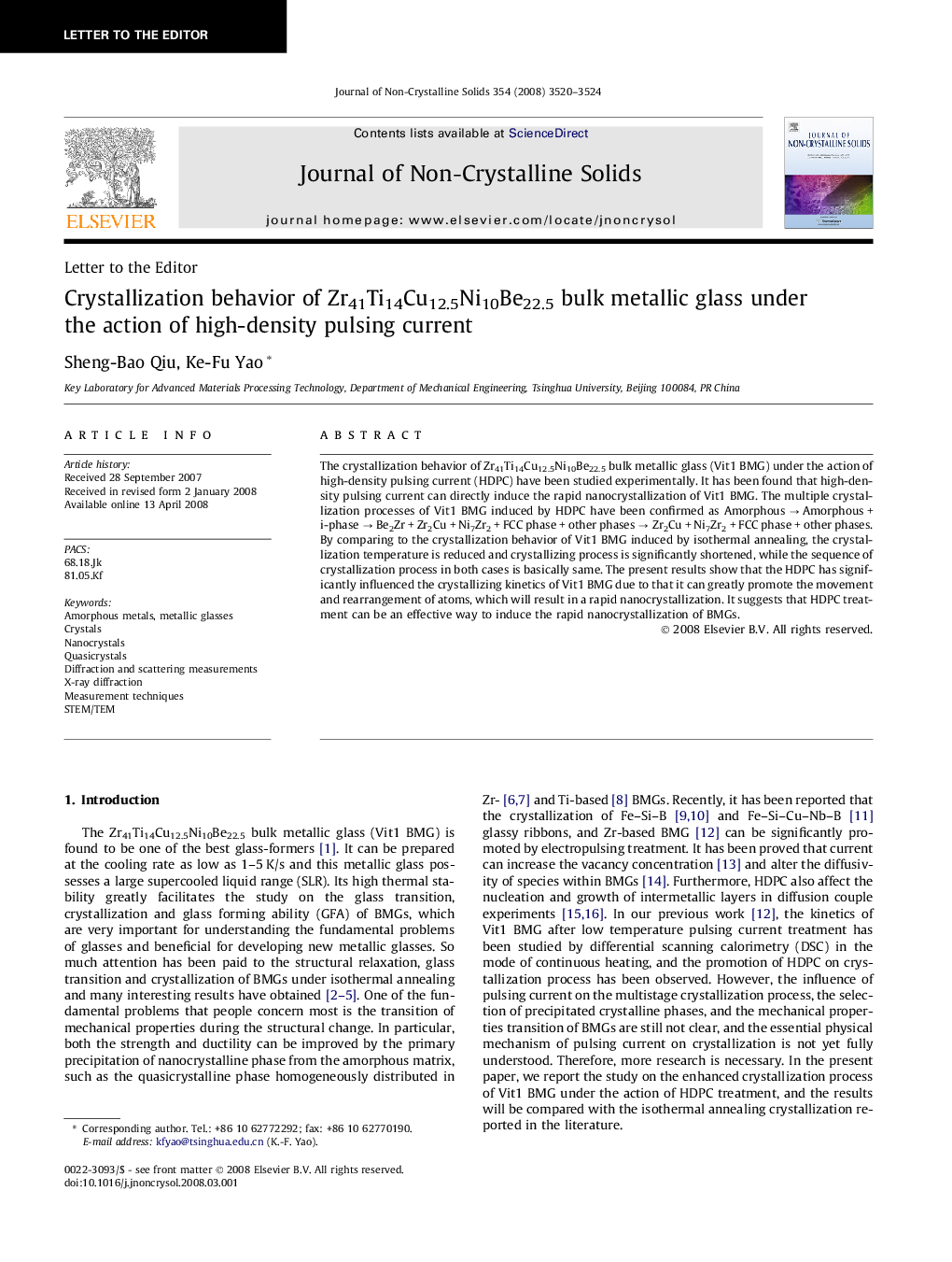 عکس صفحه اول مقاله: Crystallization behavior of Zr41Ti14Cu12.5Ni10Be22.5 bulk metallic glass under the action of high-density pulsing current Crystallization behavior of Zr41Ti14Cu12.5Ni10Be22.5 bulk metallic glass under the action of high-density pulsing current