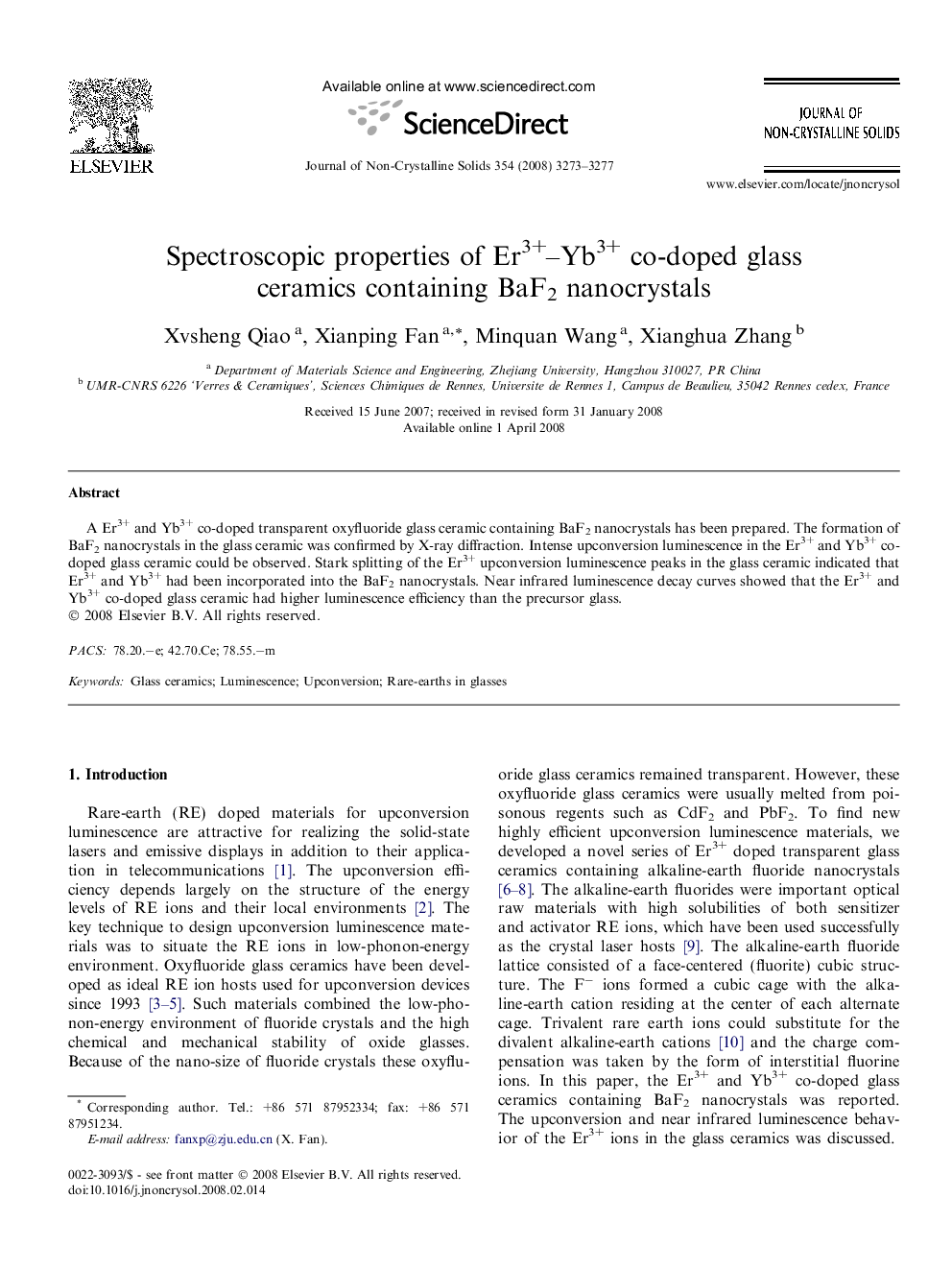 Spectroscopic properties of Er3+–Yb3+ co-doped glass ceramics containing BaF2 nanocrystals