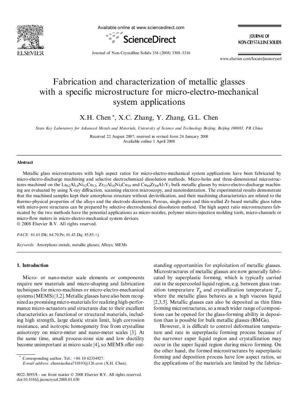 Fabrication and characterization of metallic glasses with a specific microstructure for micro-electro-mechanical system applications