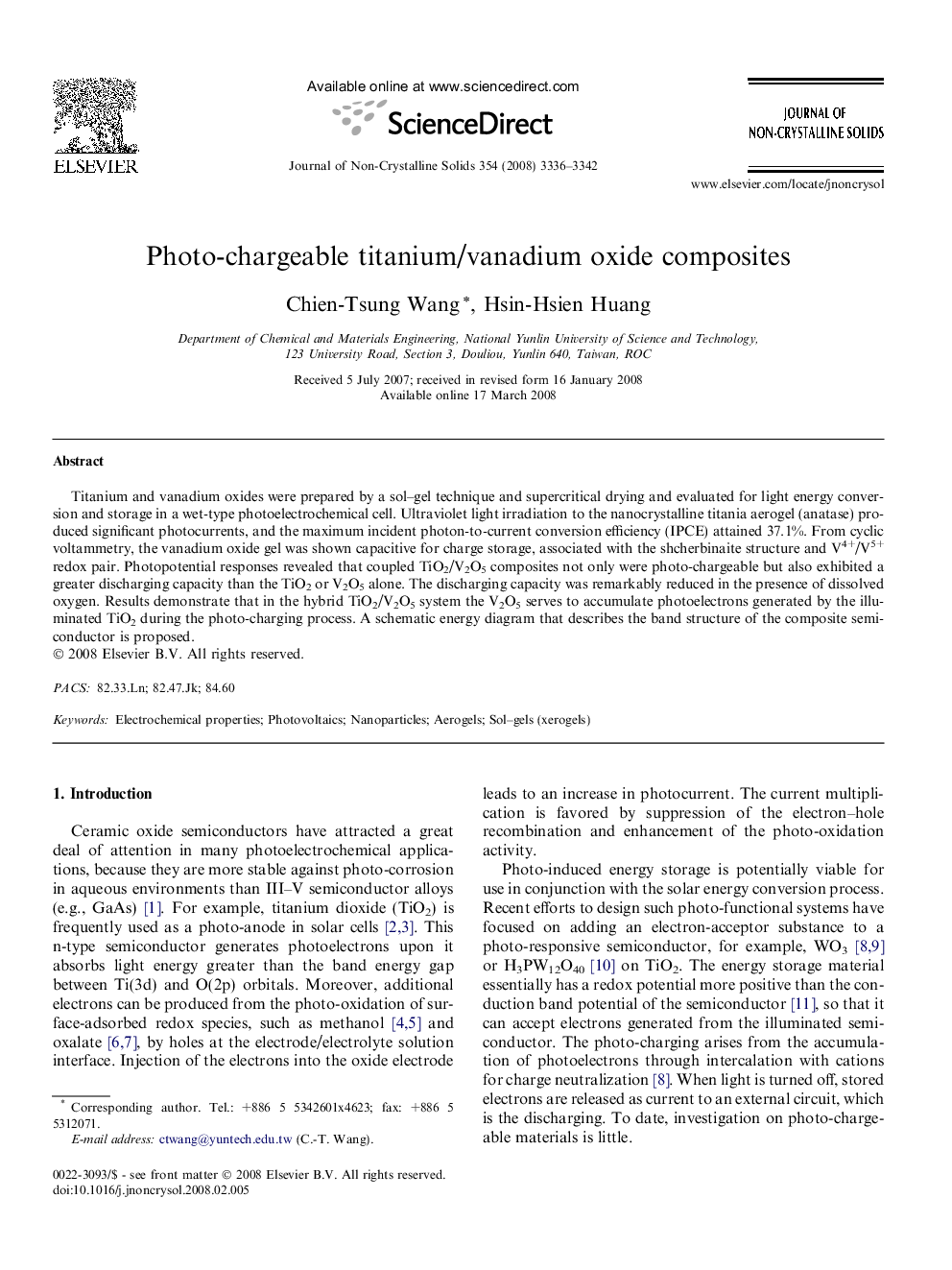 Photo-chargeable titanium/vanadium oxide composites