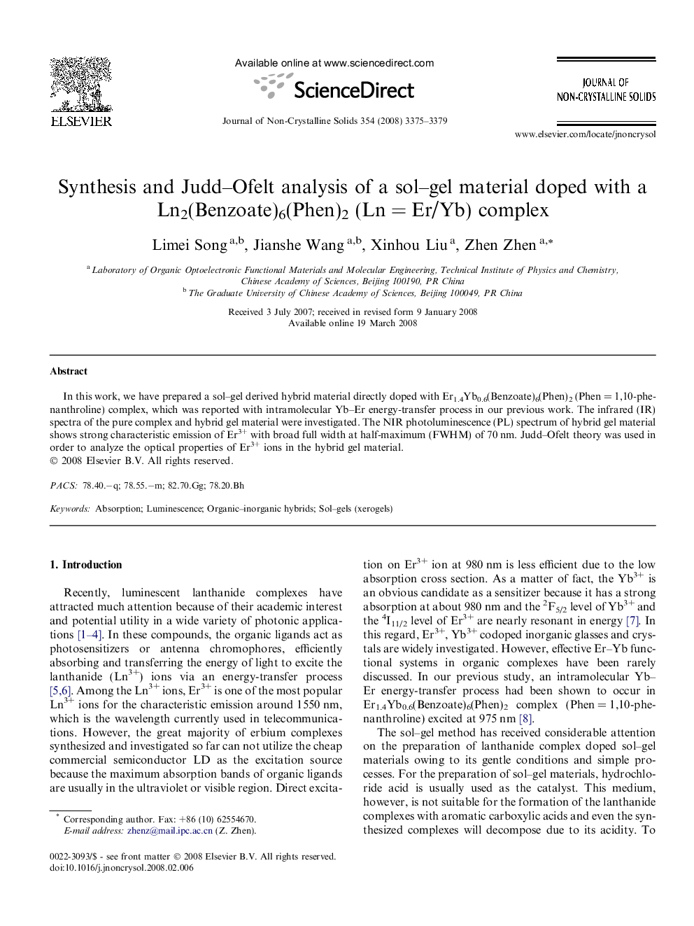 Synthesis and Judd-Ofelt analysis of a sol-gel material doped with a Ln2(Benzoate)6(Phen)2 (LnÂ =Â Er/Yb) complex