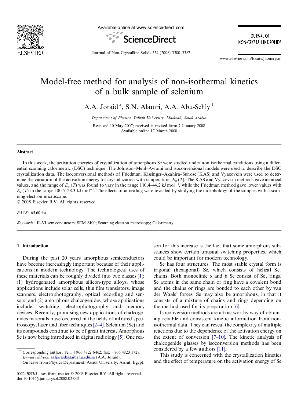 Model-free method for analysis of non-isothermal kinetics of a bulk sample of selenium