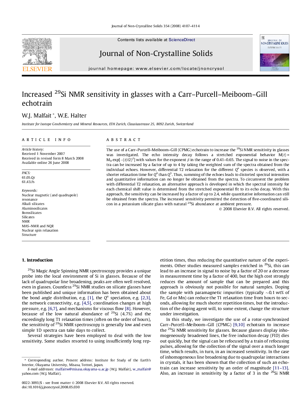 Increased 29Si NMR sensitivity in glasses with a Carr–Purcell–Meiboom–Gill echotrain