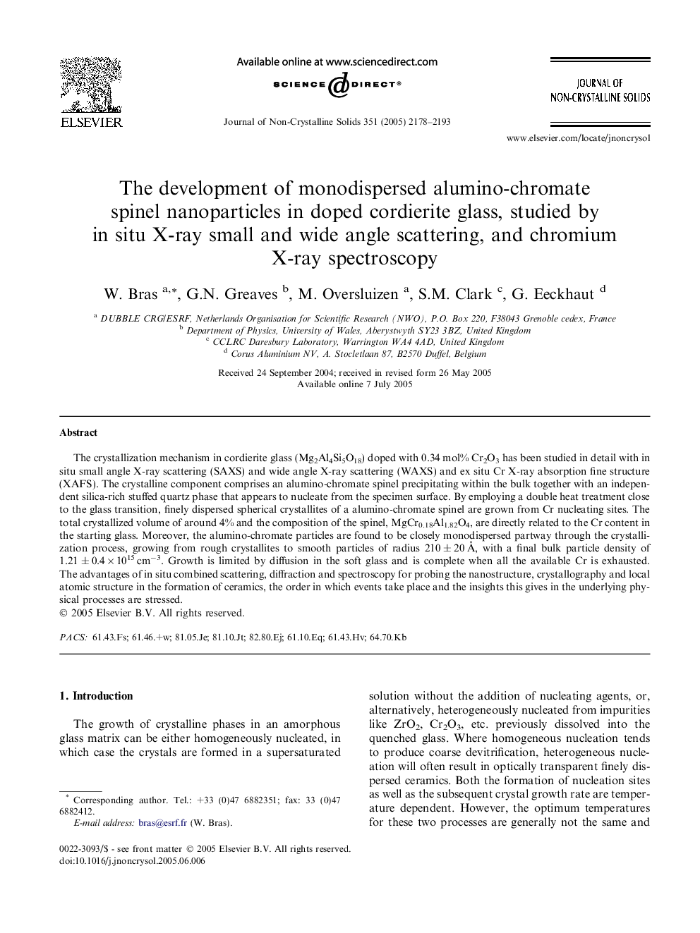 The development of monodispersed alumino-chromate spinel nanoparticles in doped cordierite glass, studied by in situ X-ray small and wide angle scattering, and chromium X-ray spectroscopy