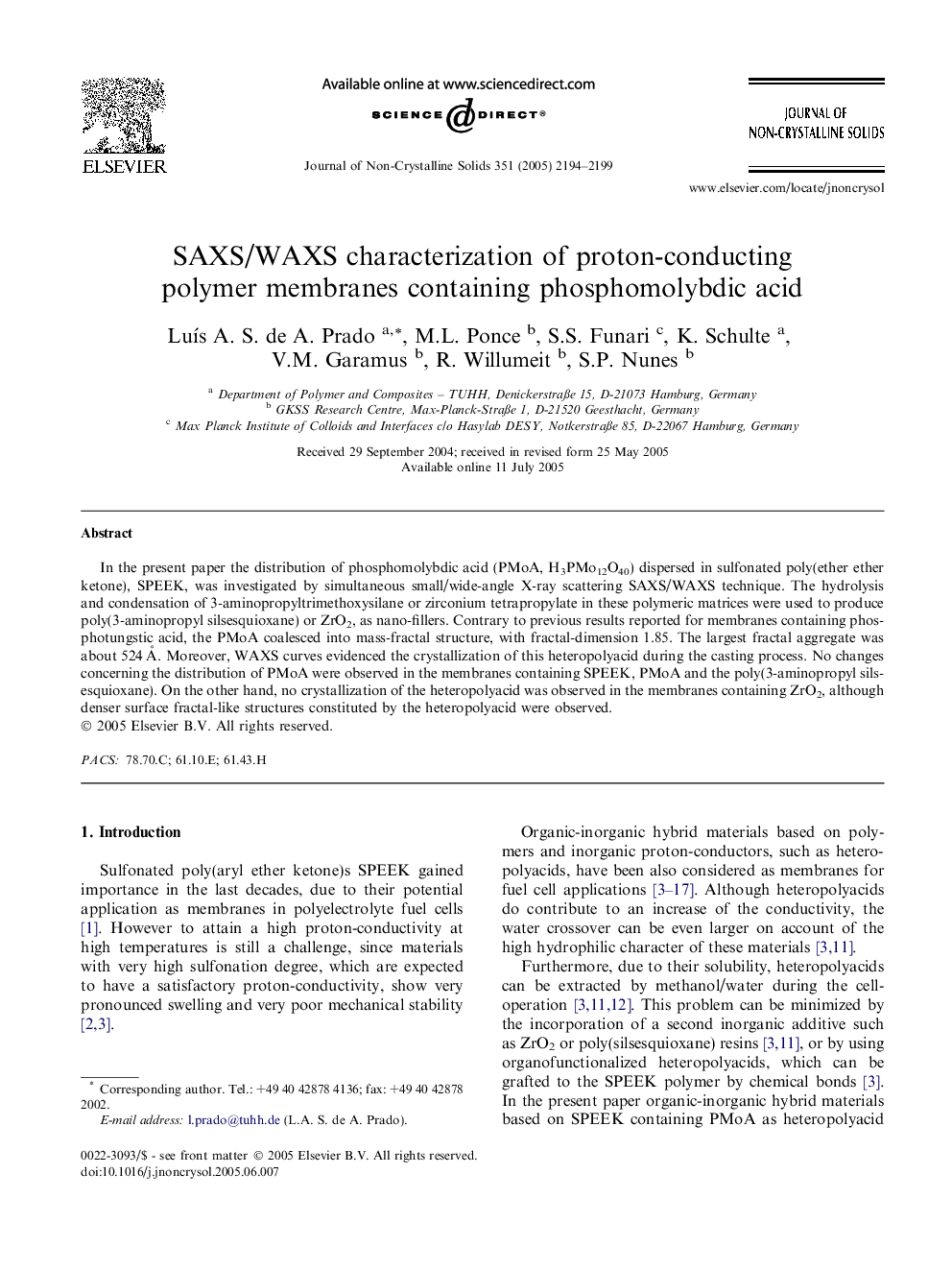 SAXS/WAXS characterization of proton-conducting polymer membranes containing phosphomolybdic acid