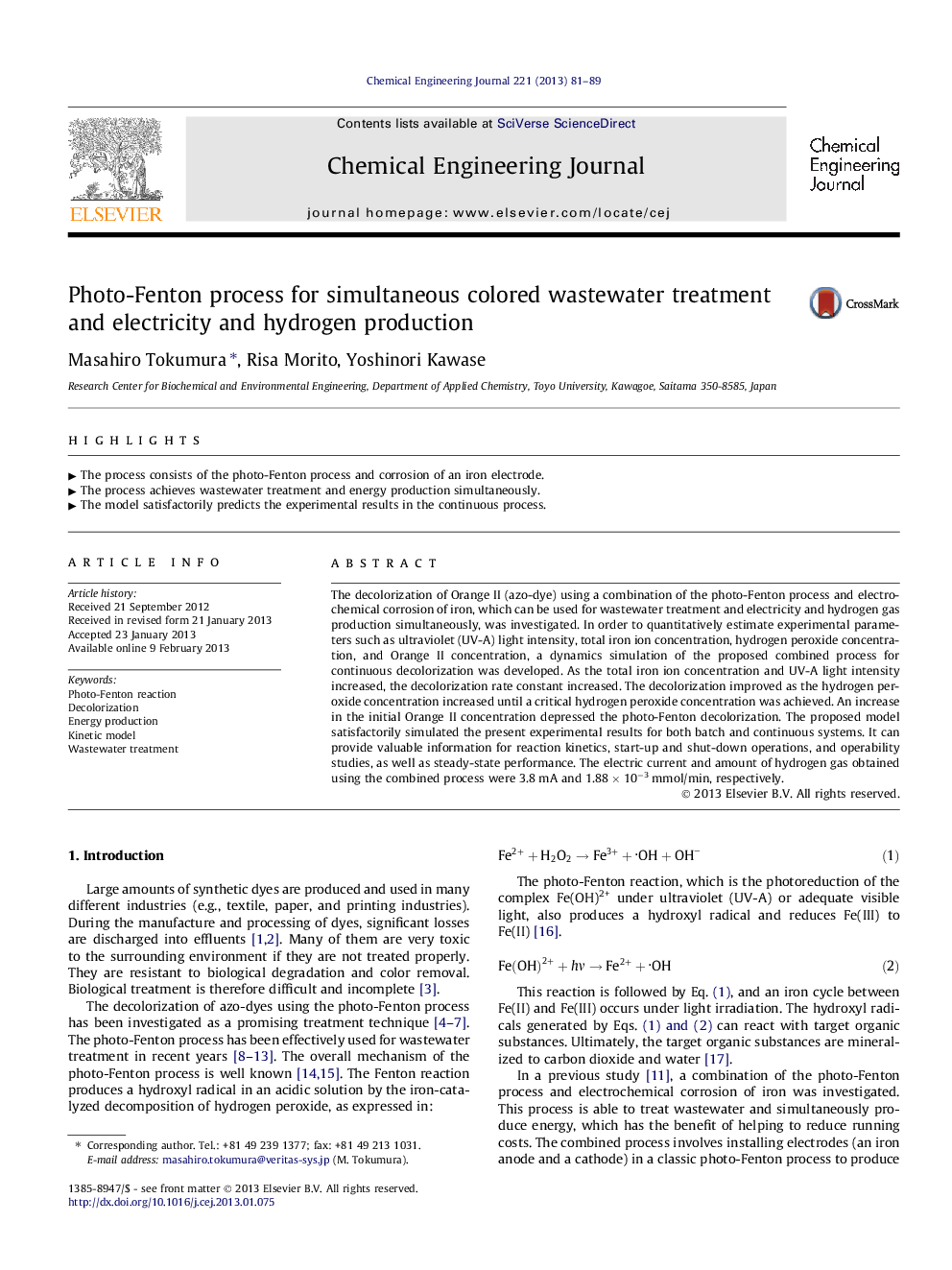 Photo-Fenton process for simultaneous colored wastewater treatment and electricity and hydrogen production