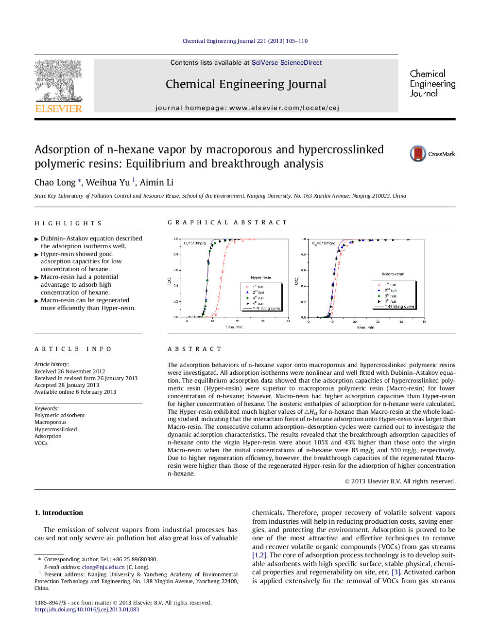 Adsorption of n-hexane vapor by macroporous and hypercrosslinked polymeric resins: Equilibrium and breakthrough analysis