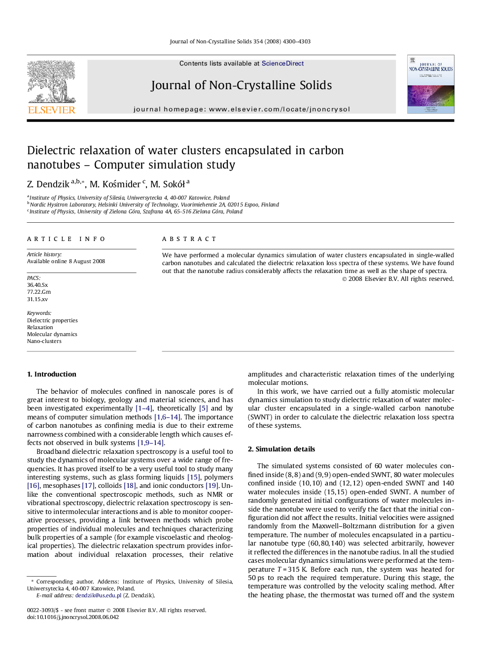 عکس صفحه اول مقاله: Dielectric relaxation of water clusters encapsulated in carbon nanotubes – Computer simulation study Dielectric relaxation of water clusters encapsulated in carbon nanotubes – Computer simulation study