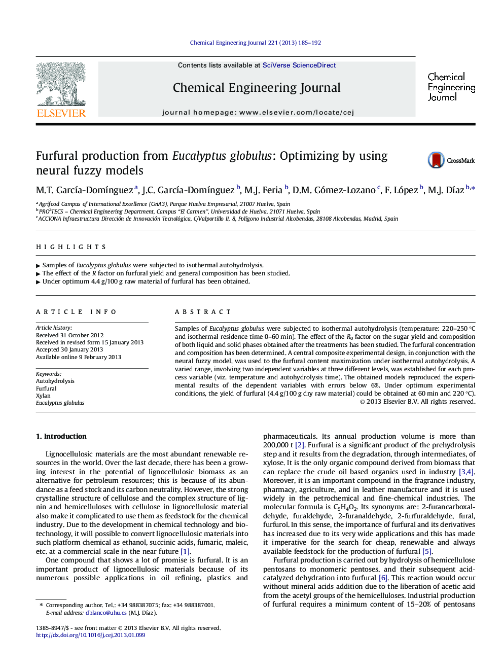 Furfural production from Eucalyptus globulus: Optimizing by using neural fuzzy models