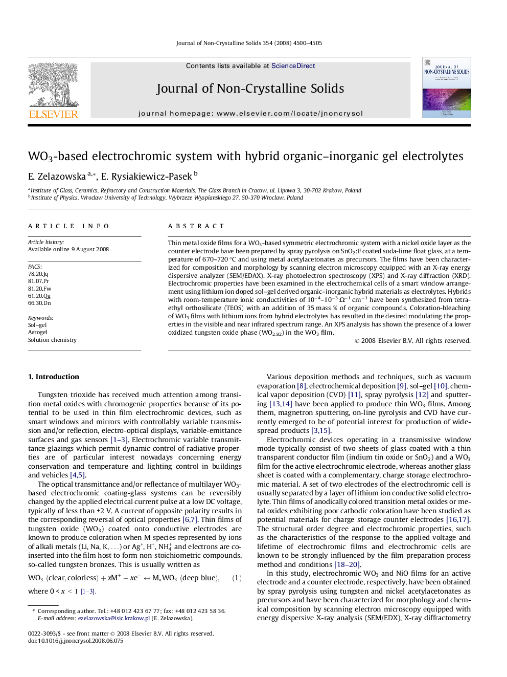 WO3-based electrochromic system with hybrid organic–inorganic gel electrolytes