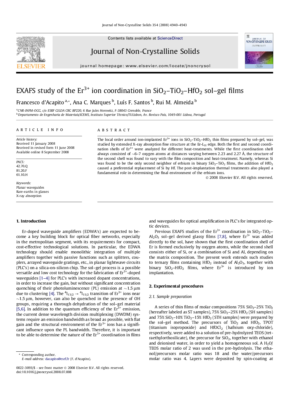 EXAFS study of the Er3+ ion coordination in SiO2–TiO2–HfO2 sol–gel films