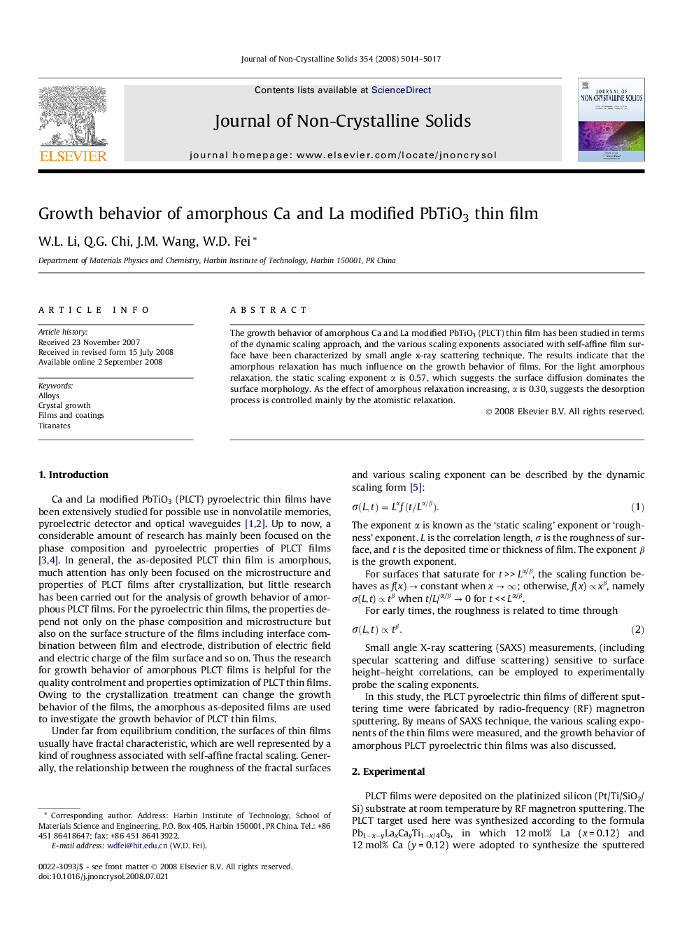 Growth behavior of amorphous Ca and La modified PbTiO3 thin film