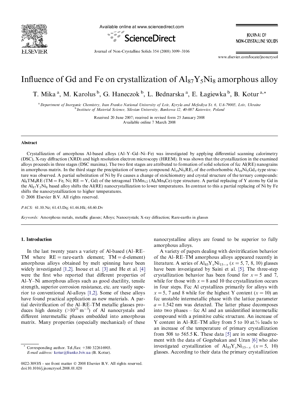 Influence of Gd and Fe on crystallization of Al87Y5Ni8 amorphous alloy