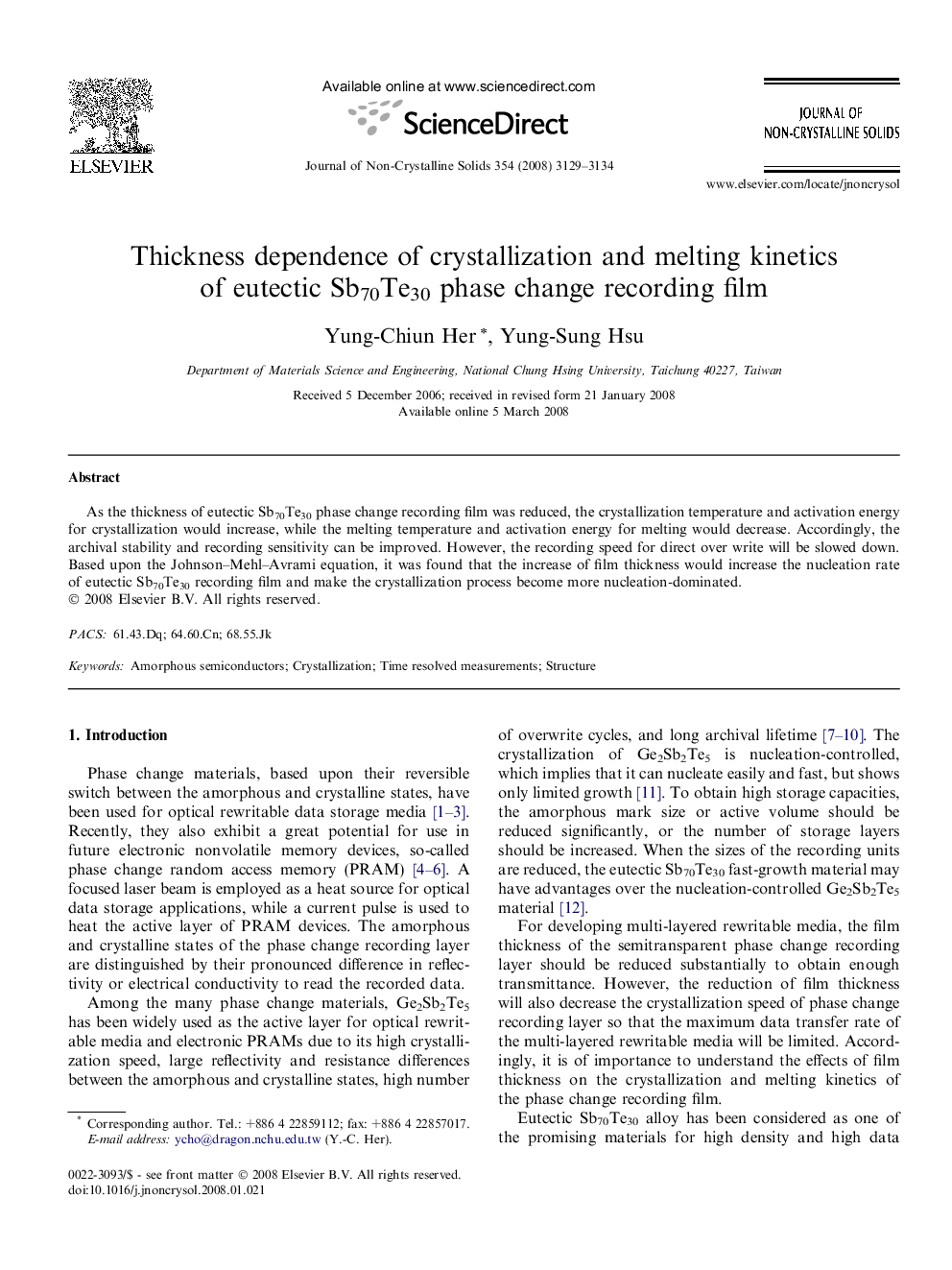 Thickness dependence of crystallization and melting kinetics of eutectic Sb70Te30 phase change recording film