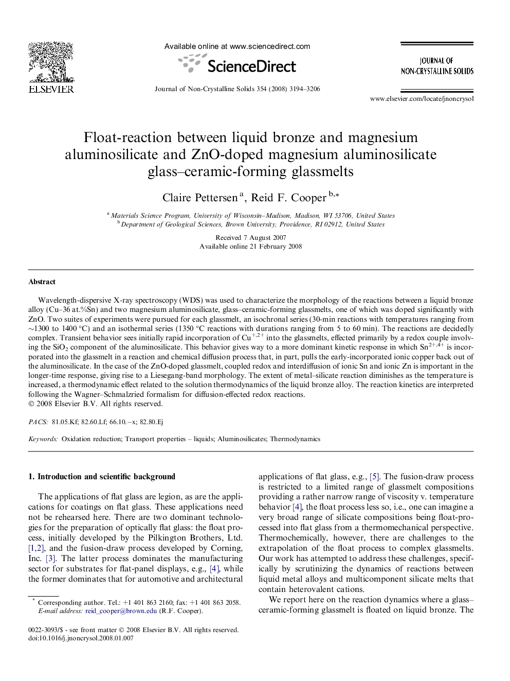 Float-reaction between liquid bronze and magnesium aluminosilicate and ZnO-doped magnesium aluminosilicate glass–ceramic-forming glassmelts