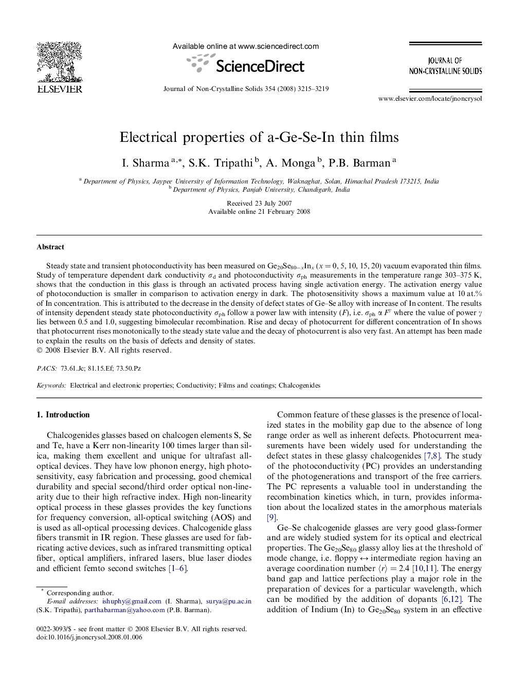 Electrical properties of a-Ge-Se-In thin films