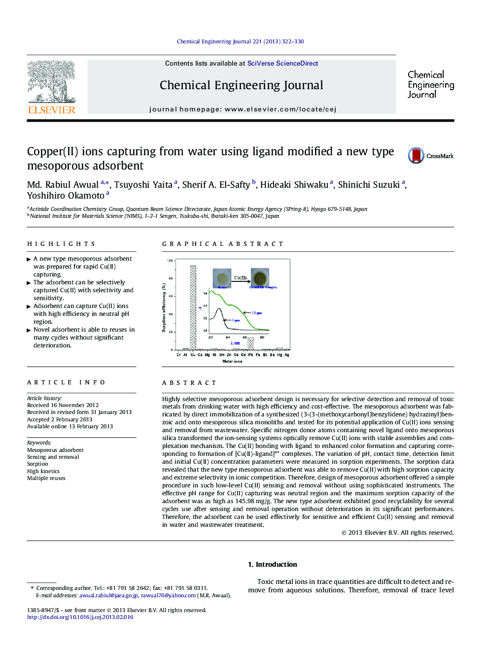 Copper(II) ions capturing from water using ligand modified a new type mesoporous adsorbent