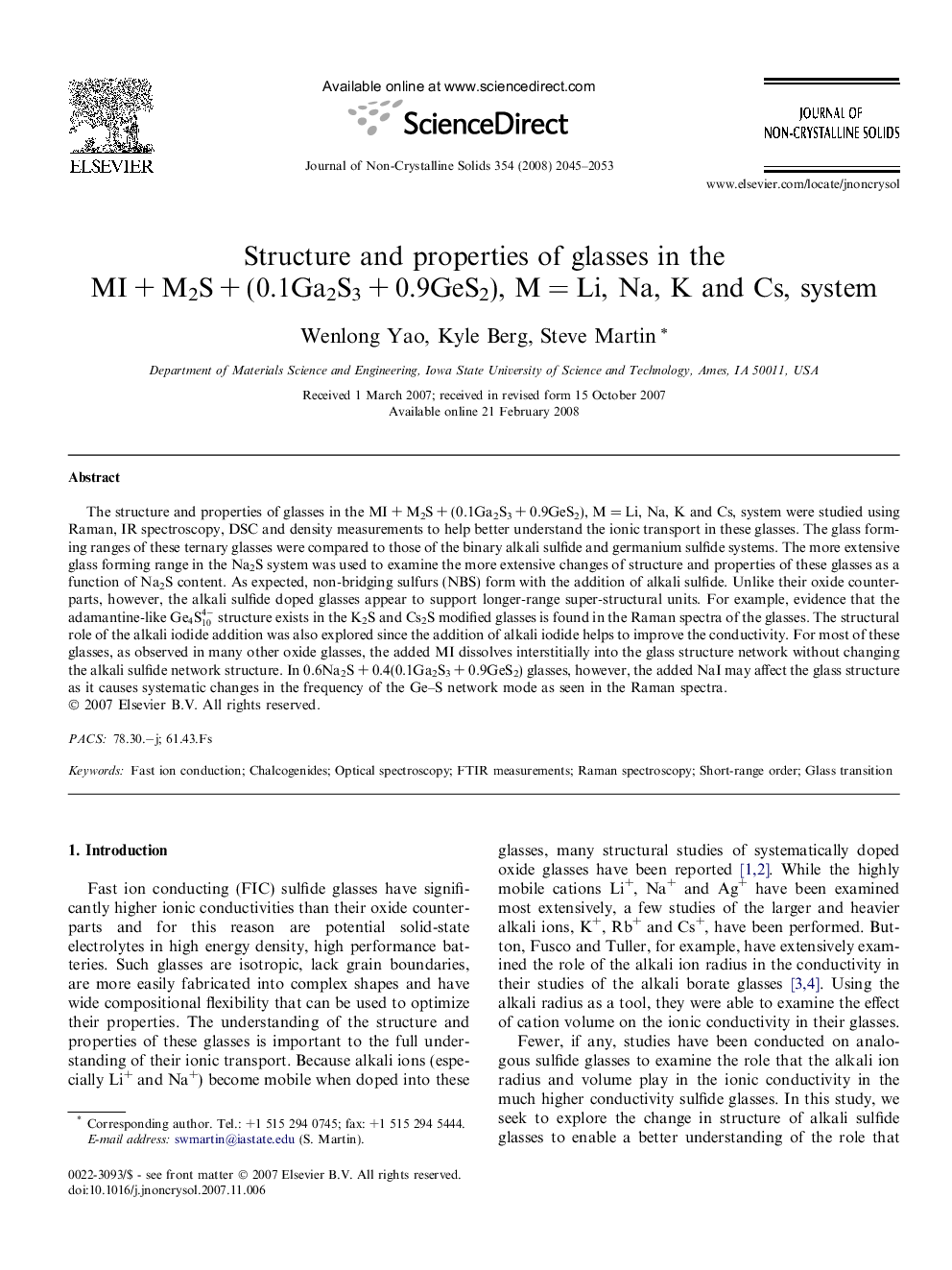 Structure and properties of glasses in the MI + M2S + (0.1Ga2S3 + 0.9GeS2), M = Li, Na, K and Cs, system