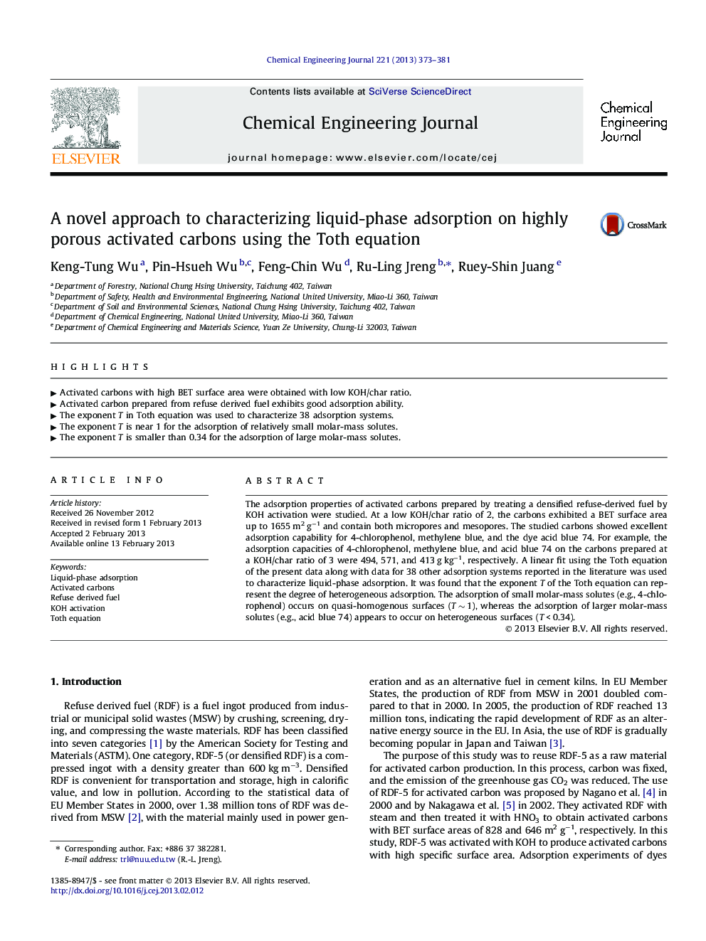 A novel approach to characterizing liquid-phase adsorption on highly porous activated carbons using the Toth equation