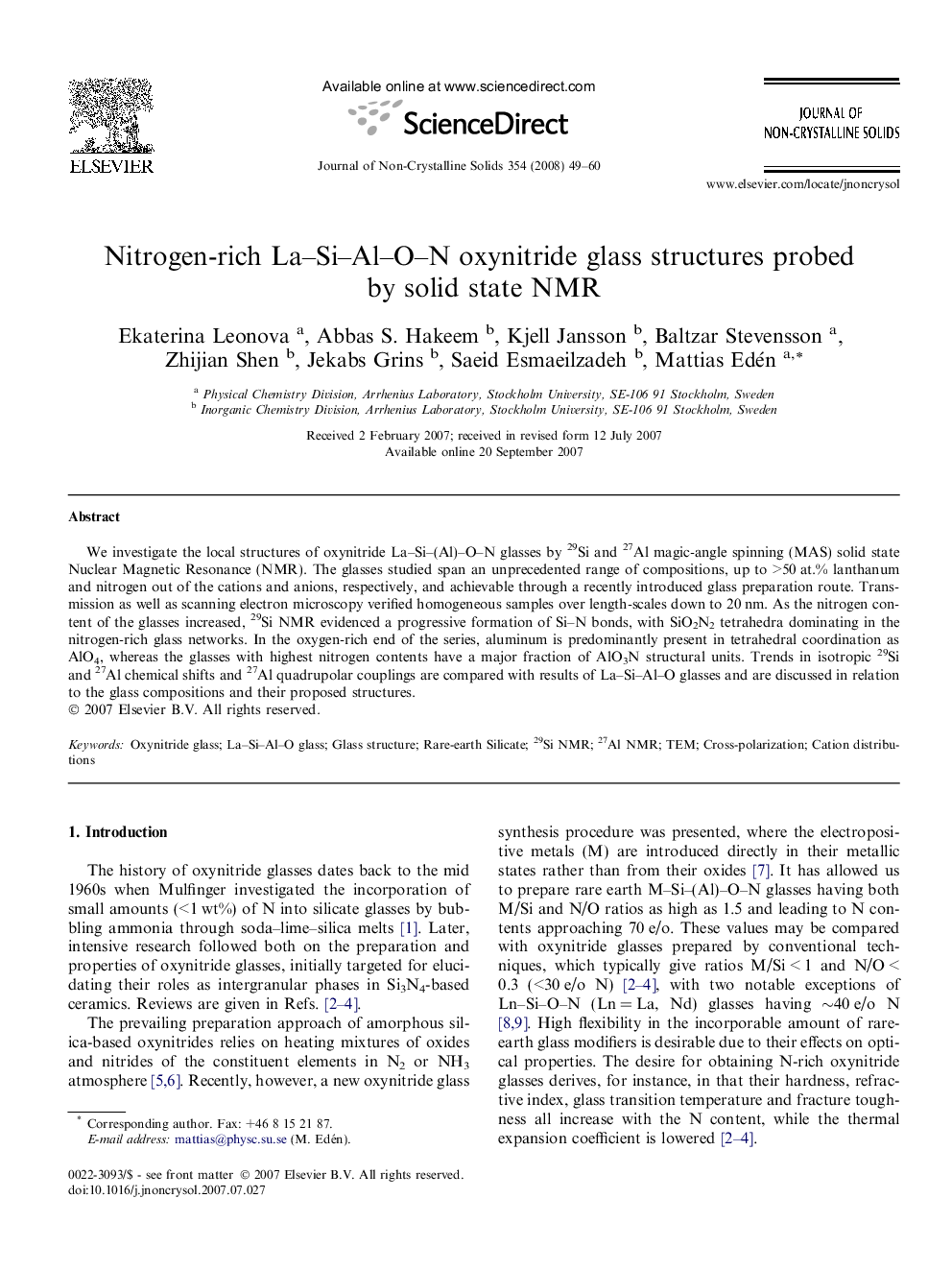 Nitrogen-rich La–Si–Al–O–N oxynitride glass structures probed by solid state NMR