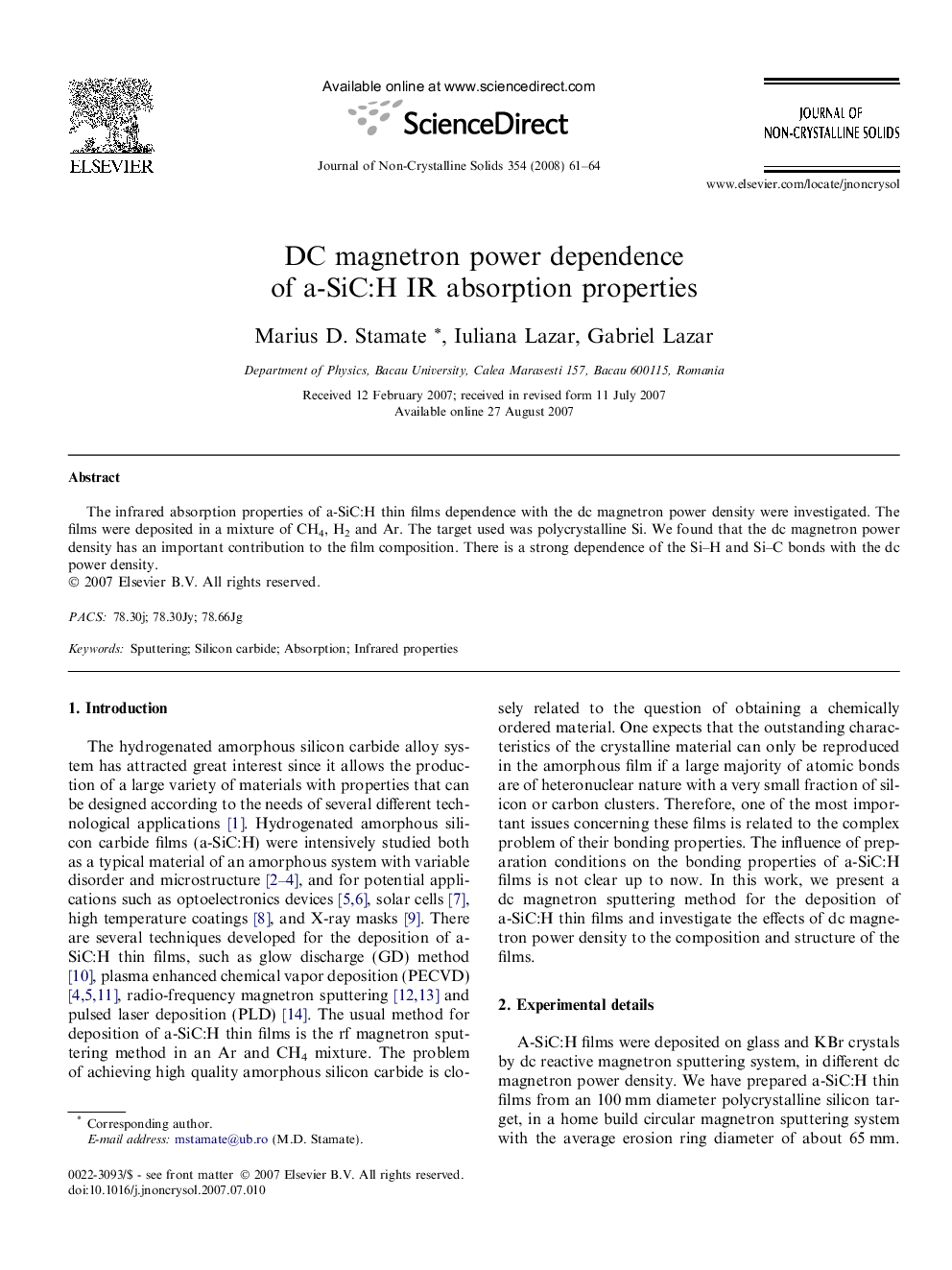 DC magnetron power dependence of a-SiC:H IR absorption properties