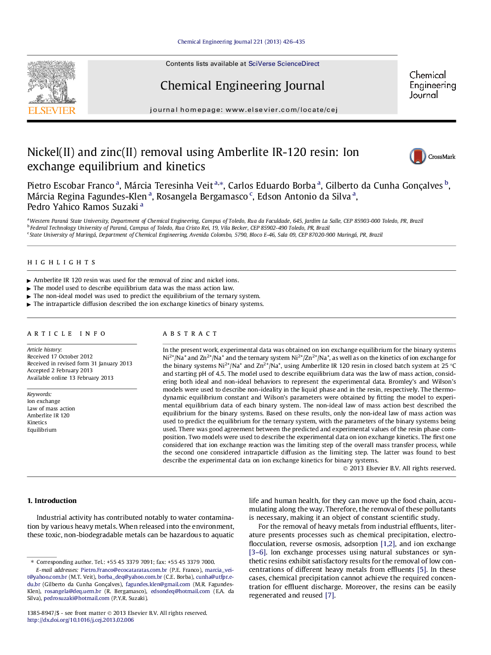 Nickel(II) and zinc(II) removal using Amberlite IR-120 resin: Ion exchange equilibrium and kinetics