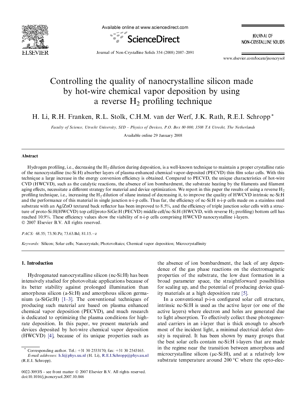 Controlling the quality of nanocrystalline silicon made by hot-wire chemical vapor deposition by using a reverse H2 profiling technique
