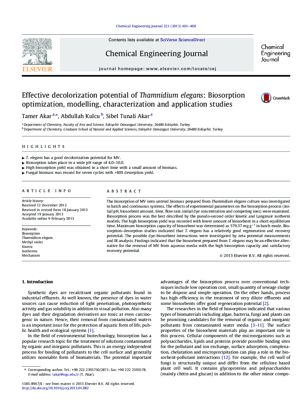 Effective decolorization potential of Thamnidium elegans: Biosorption optimization, modelling, characterization and application studies