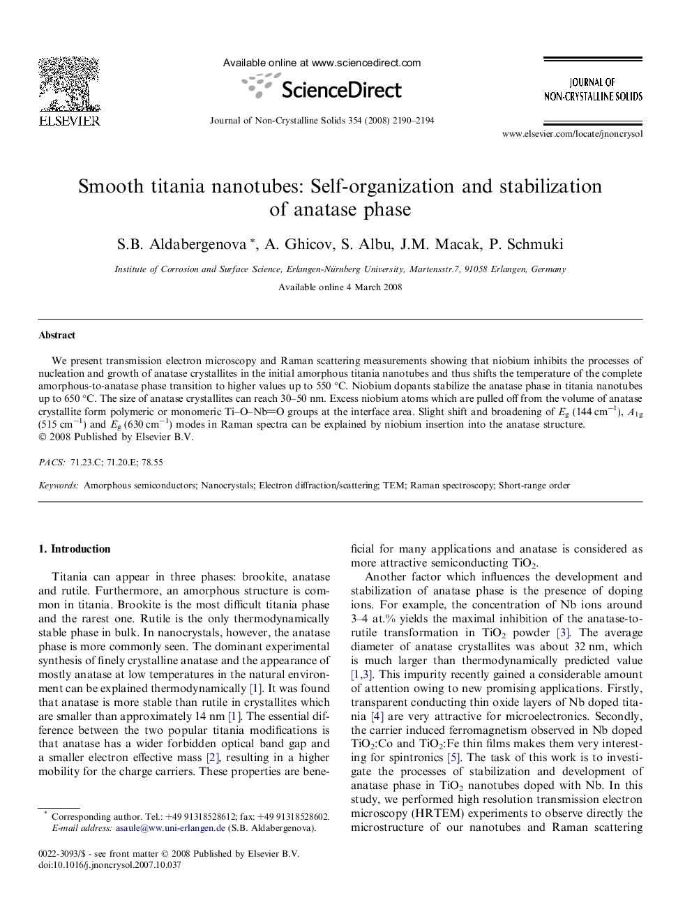 Smooth titania nanotubes: Self-organization and stabilization of anatase phase