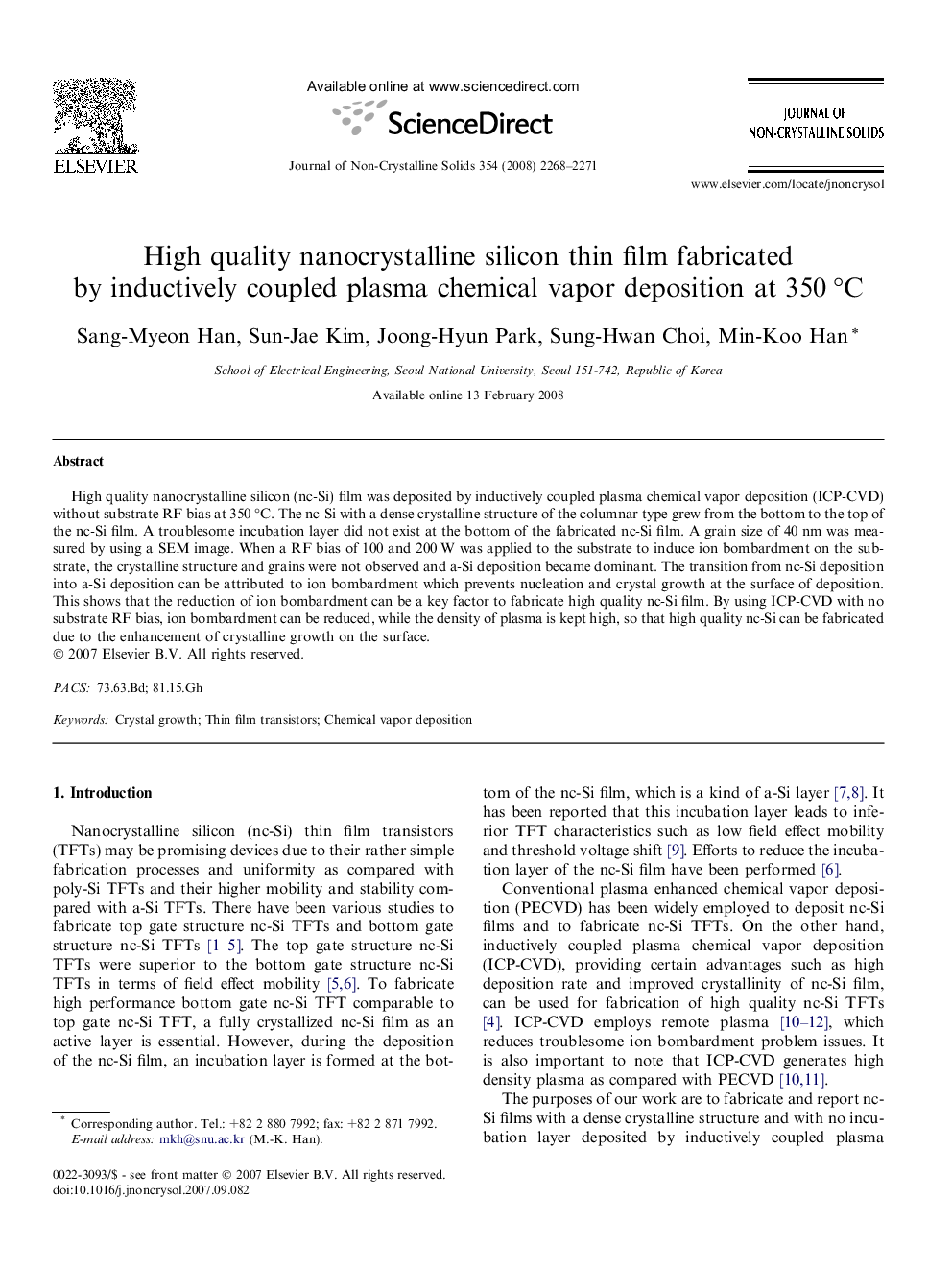 High quality nanocrystalline silicon thin film fabricated by inductively coupled plasma chemical vapor deposition at 350 °C