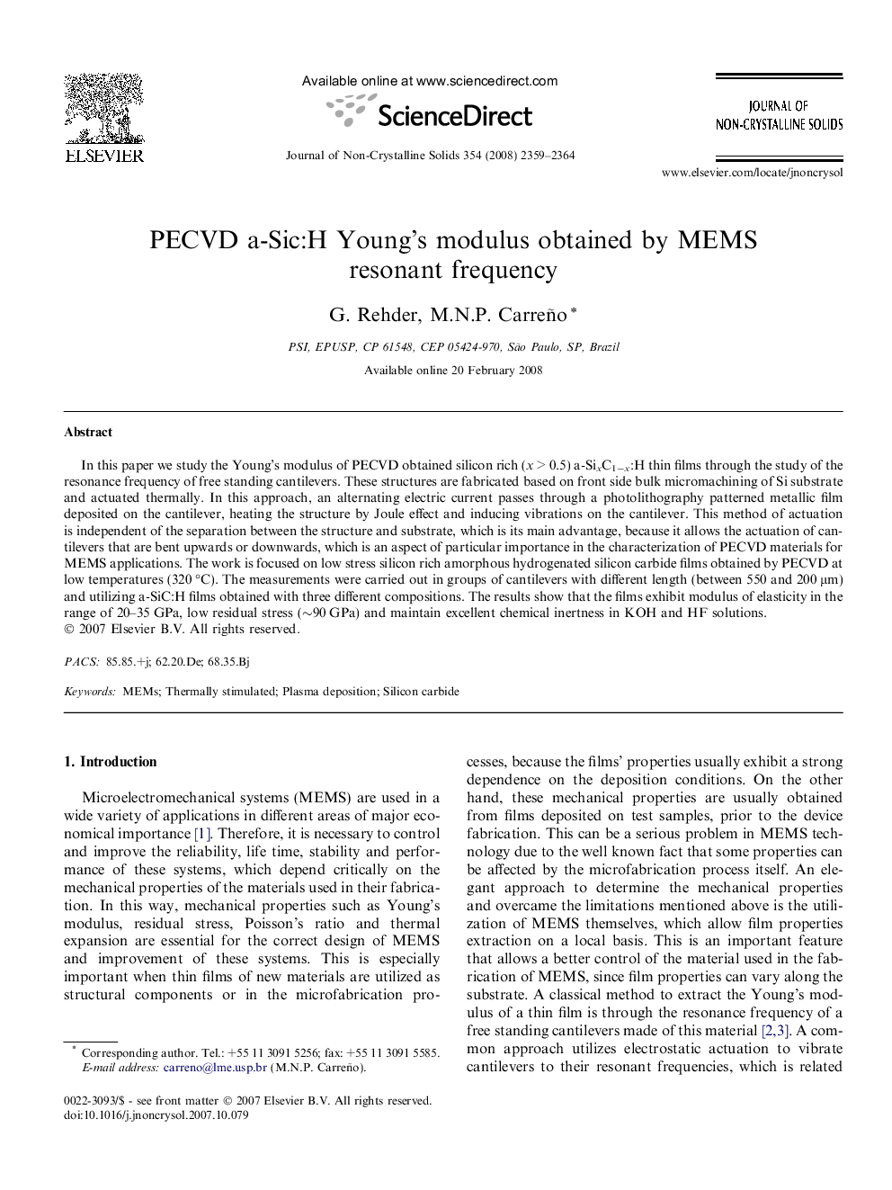 PECVD a-Sic:H Young’s modulus obtained by MEMS resonant frequency