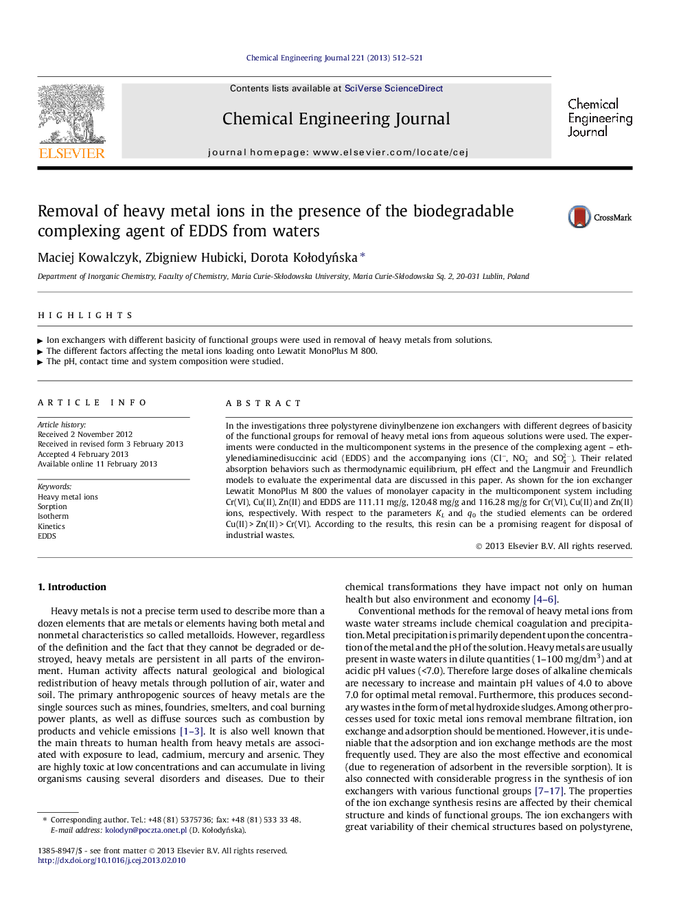 Removal of heavy metal ions in the presence of the biodegradable complexing agent of EDDS from waters