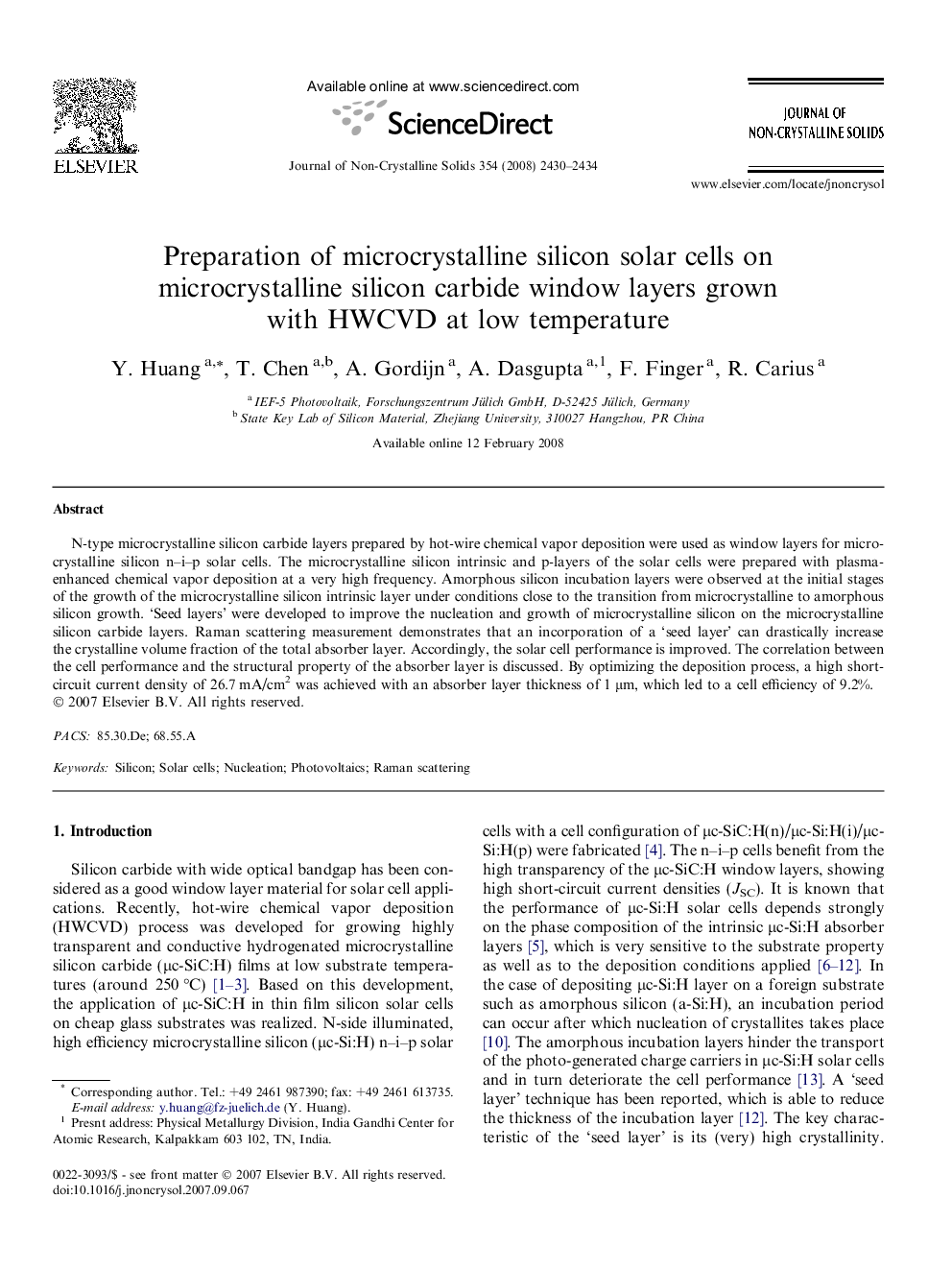 Preparation of microcrystalline silicon solar cells on microcrystalline silicon carbide window layers grown with HWCVD at low temperature