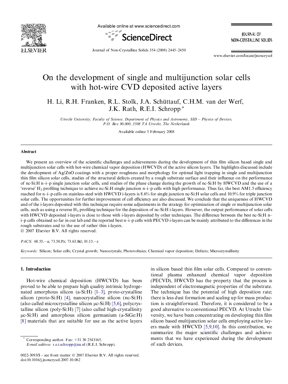 On the development of single and multijunction solar cells with hot-wire CVD deposited active layers