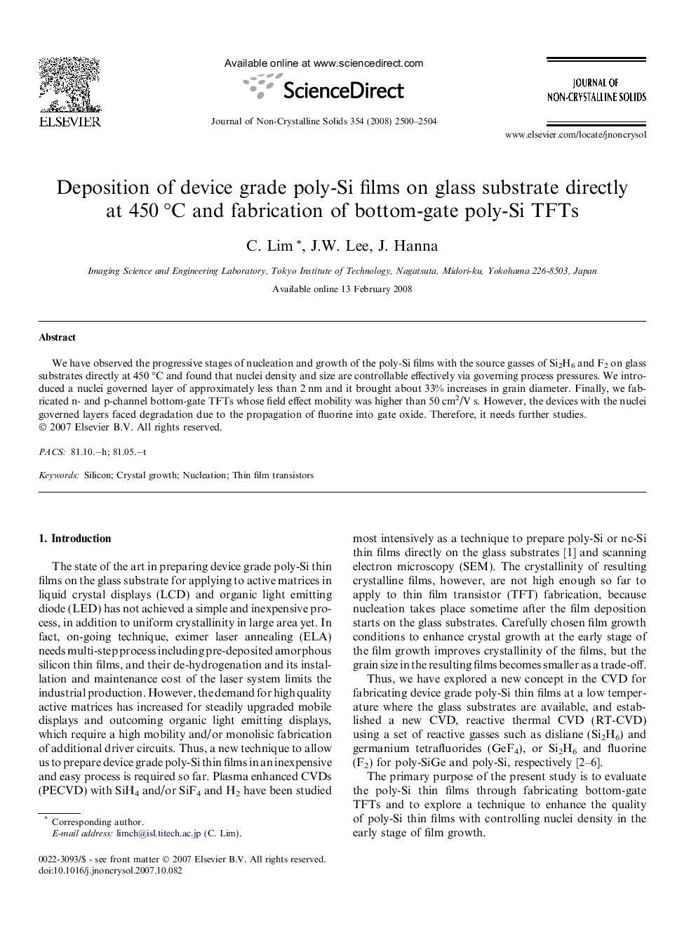 Deposition of device grade poly-Si films on glass substrate directly at 450 °C and fabrication of bottom-gate poly-Si TFTs
