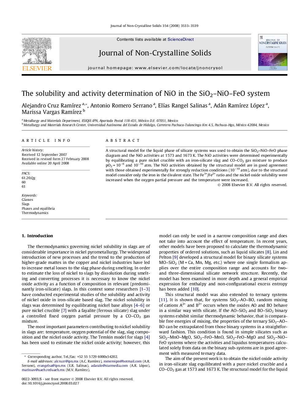 The solubility and activity determination of NiO in the SiO2–NiO–FeO system