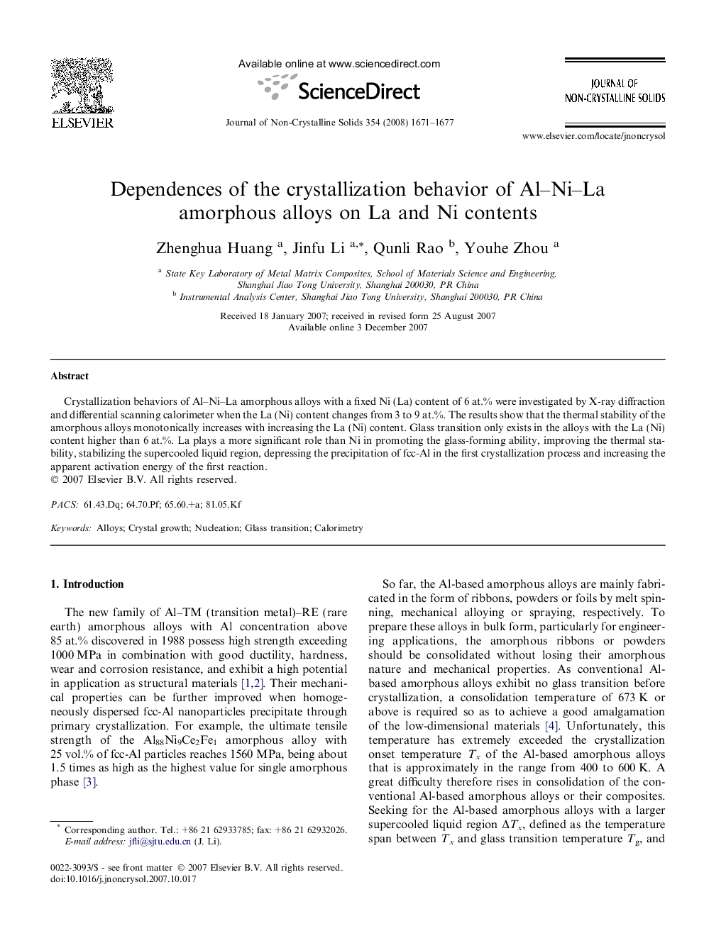 Dependences of the crystallization behavior of Al–Ni–La amorphous alloys on La and Ni contents