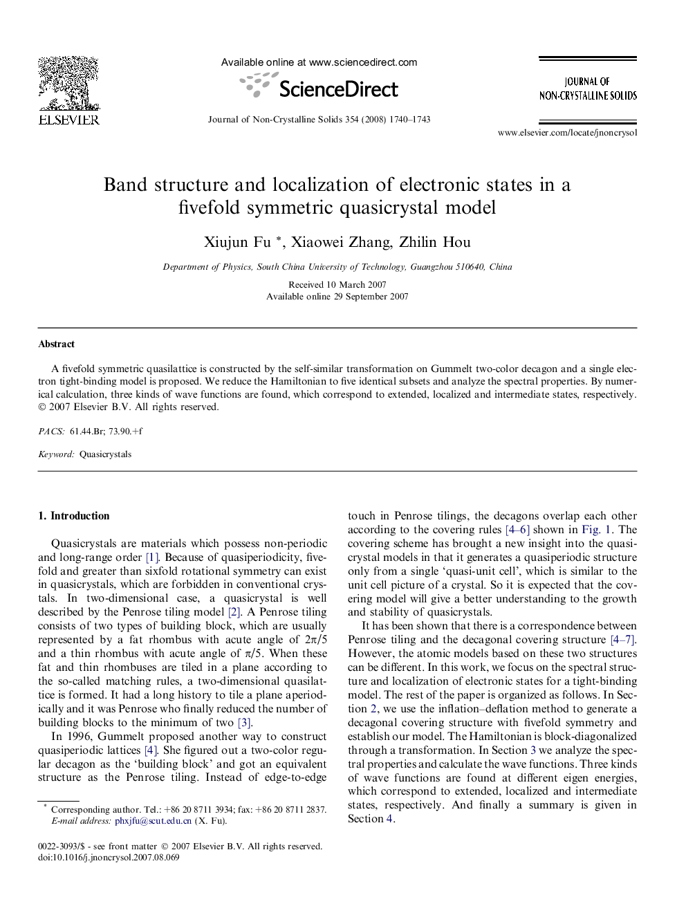 Band structure and localization of electronic states in a fivefold symmetric quasicrystal model