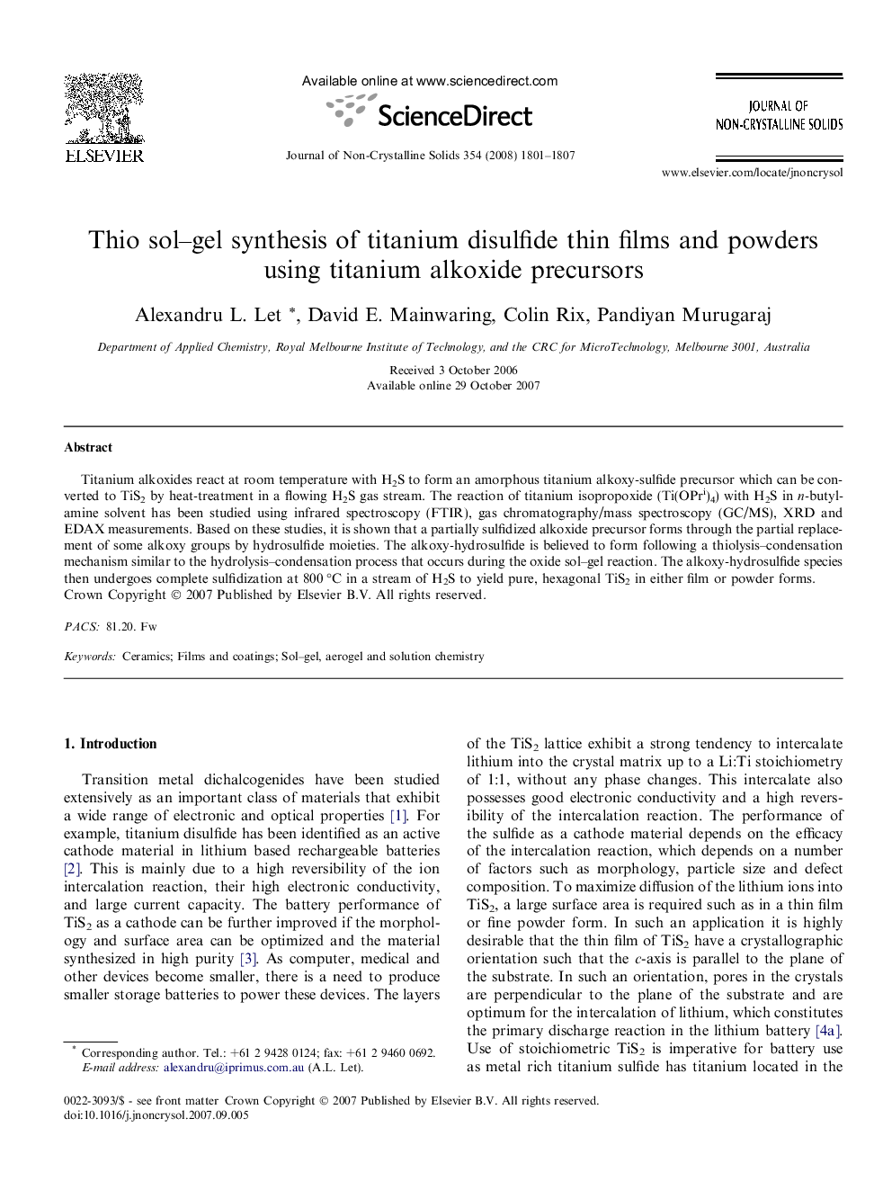 Thio sol–gel synthesis of titanium disulfide thin films and powders using titanium alkoxide precursors