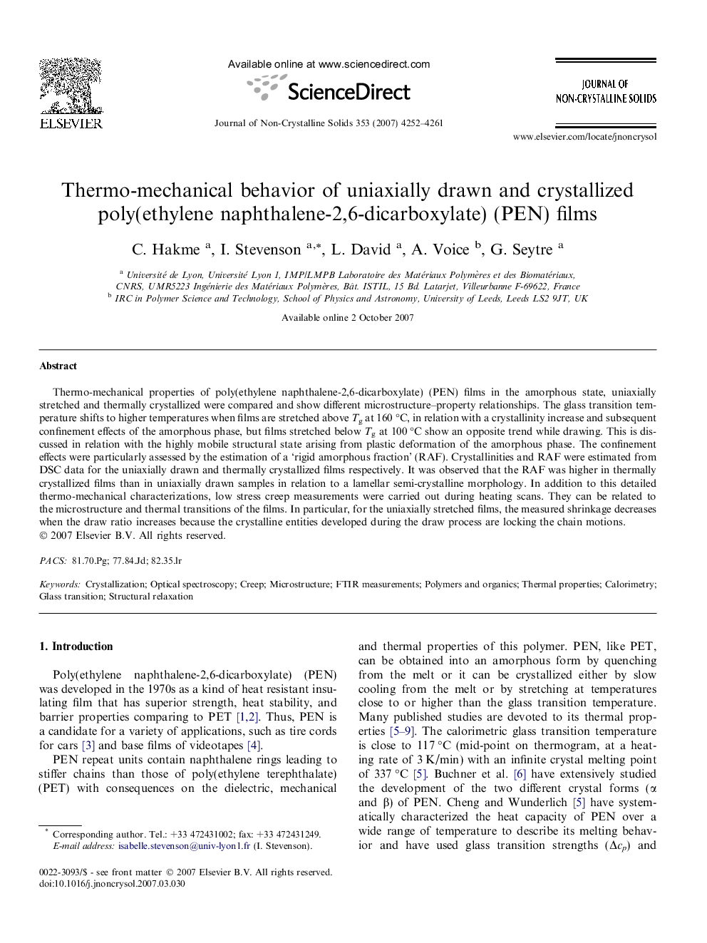عکس صفحه اول مقاله: Thermo-mechanical behavior of uniaxially drawn and crystallized poly(ethylene naphthalene-2,6-dicarboxylate) (PEN) films Thermo-mechanical behavior of uniaxially drawn and crystallized poly(ethylene naphthalene-2,6-dicarboxylate) (PEN) films