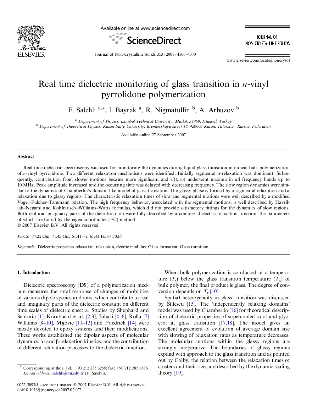 Real time dielectric monitoring of glass transition in n-vinyl pyrrolidone polymerization