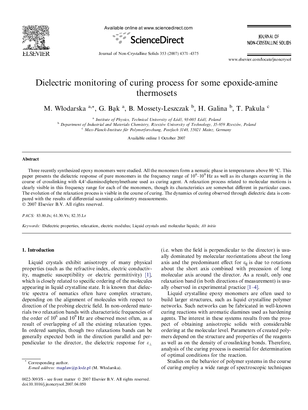 Dielectric monitoring of curing process for some epoxide-amine thermosets