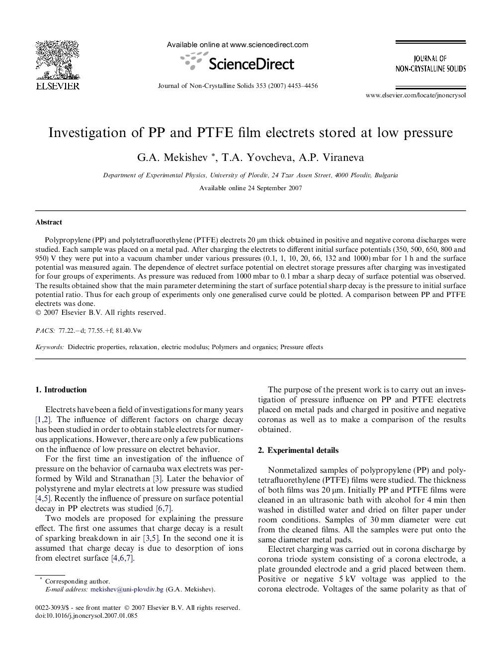 Investigation of PP and PTFE film electrets stored at low pressure