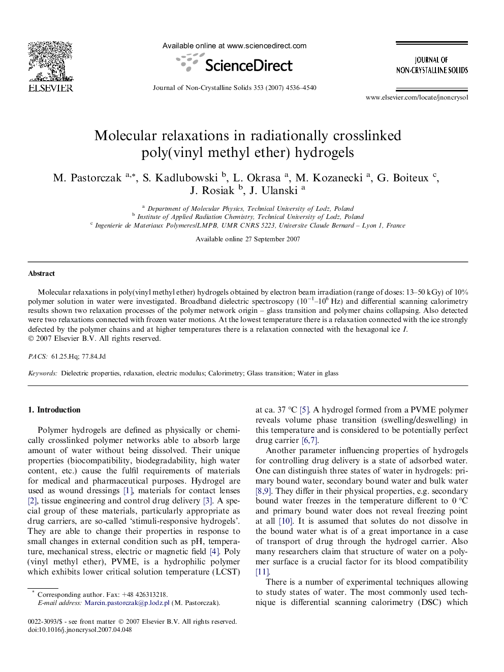 Molecular relaxations in radiationally crosslinked poly(vinyl methyl ether) hydrogels