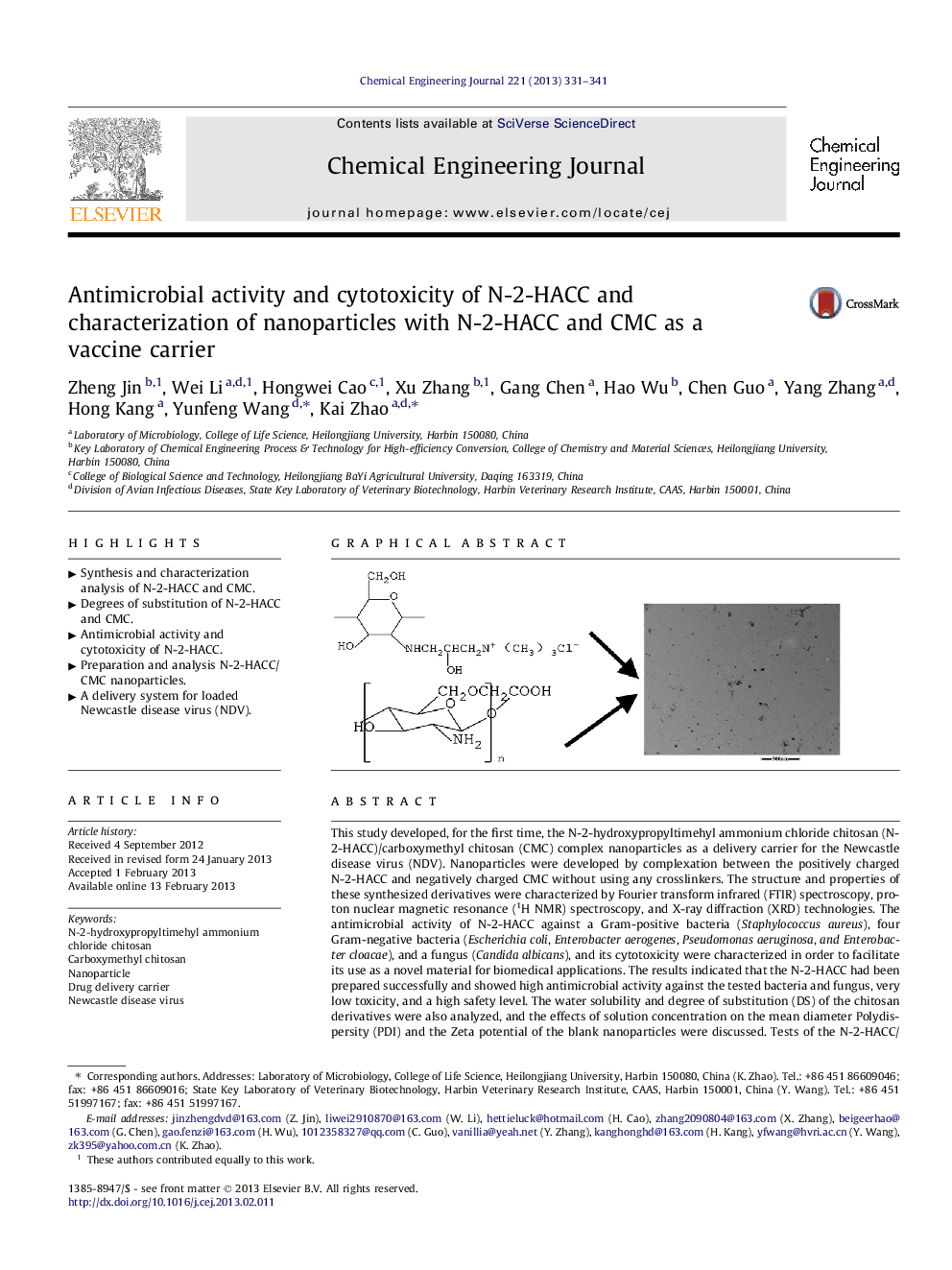 عکس صفحه اول مقاله: Antimicrobial activity and cytotoxicity of N-2-HACC and characterization of nanoparticles with N-2-HACC and CMC as a vaccine carrier Antimicrobial activity and cytotoxicity of N-2-HACC and characterization of nanoparticles with N-2-HACC and CMC as a vaccine carrier
