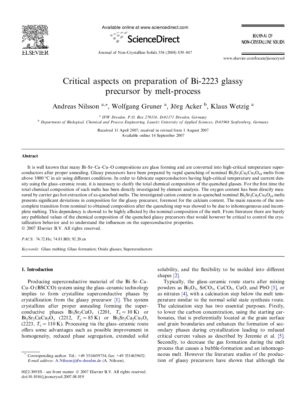 Critical aspects on preparation of Bi-2223 glassy precursor by melt-process