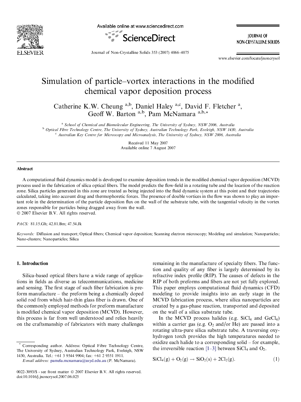 Simulation of particle–vortex interactions in the modified chemical vapor deposition process