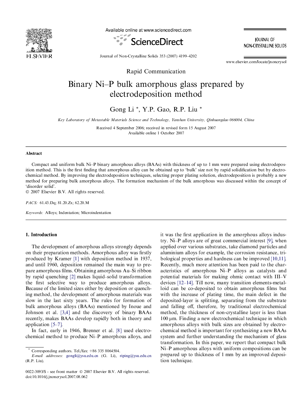 Binary Ni-P bulk amorphous glass prepared by electrodeposition method