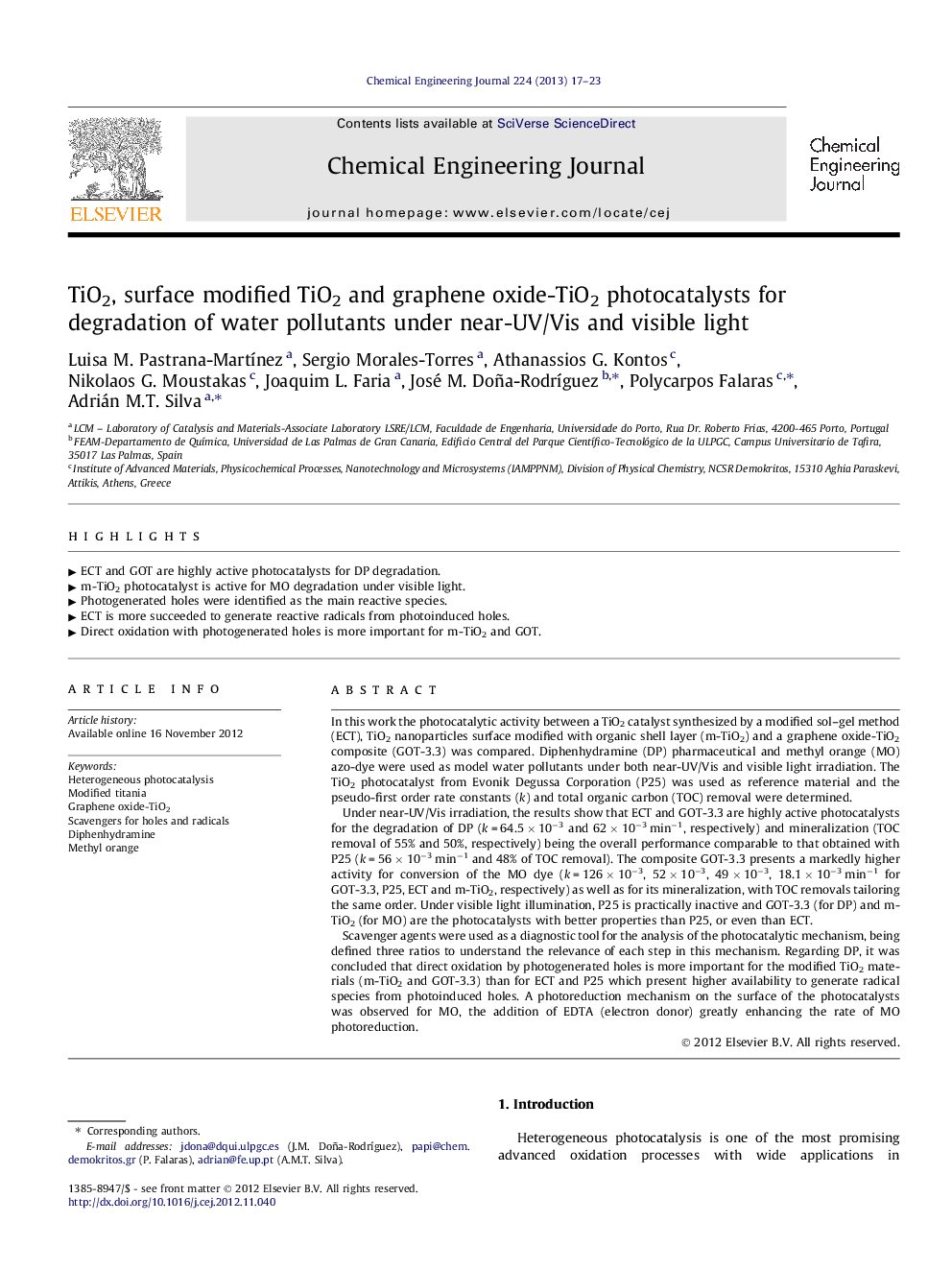 TiO2, surface modified TiO2 and graphene oxide-TiO2 photocatalysts for degradation of water pollutants under near-UV/Vis and visible light